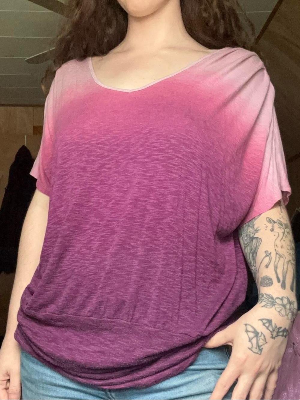 Mossimo Slouchy Fit Pink Purple Ombré Thick Ruche Hem V-Neck Short Sleeve Blouse